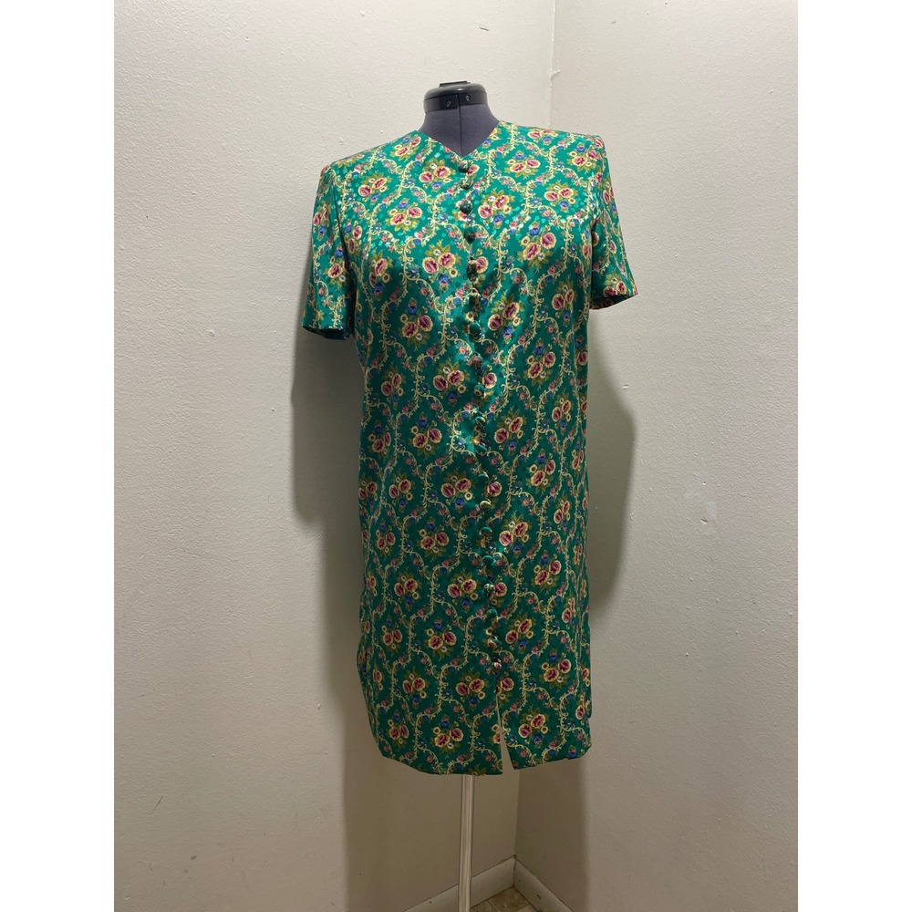 Vintage Leslie Fay Petites Green Floral Mini Dress size 10p Damask Boho 90s - Picture 3 of 11